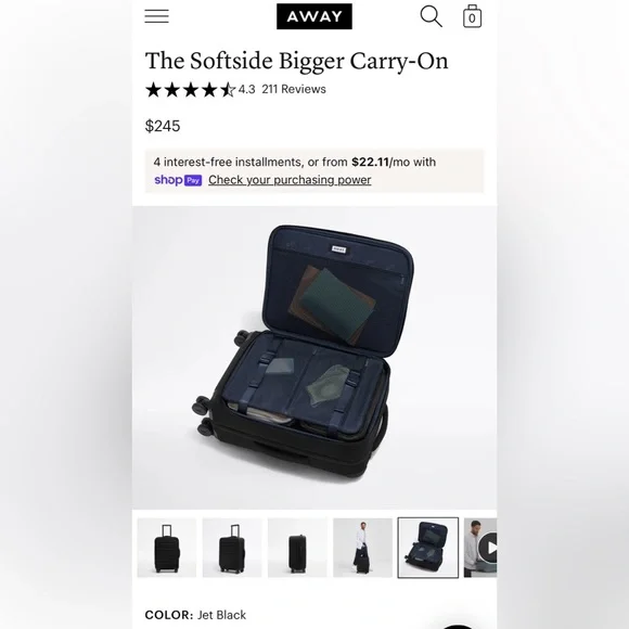 Away Jet Black Softside Carry-On Luggage - Picture 3 of 16